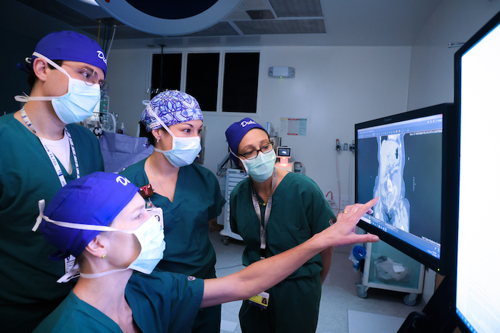 Alejandro Gómez-Viso, MD, a urogynecology and reconstructive pelvic surgery fellow, looks on as Drs. Weidner, Kisby and Howell review a patient scan.