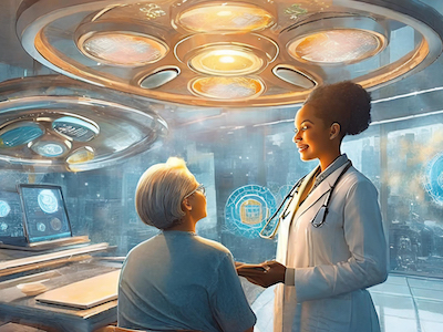 AI-generated image of a female doctor and an elderly patient talking seriously
