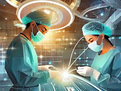 AI-generated image of surgeons in blue gloves and robots operating
