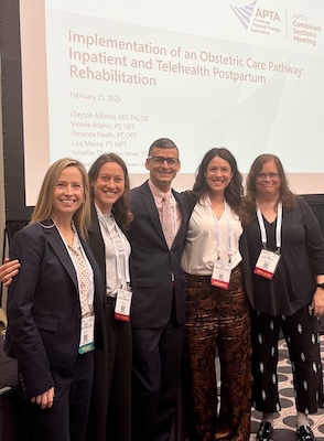 Pictured at the 2025 American Physical Therapy Association Combined Sections Meeting (left to right): Amanda Heath, PT, DPT, WCS; Valerie Adams, PT, DPT, WCS; Clayton Alfonso, MD.; Jennifer Bartlett, PT, DPT; and Lisa Massa, PT, WCS.