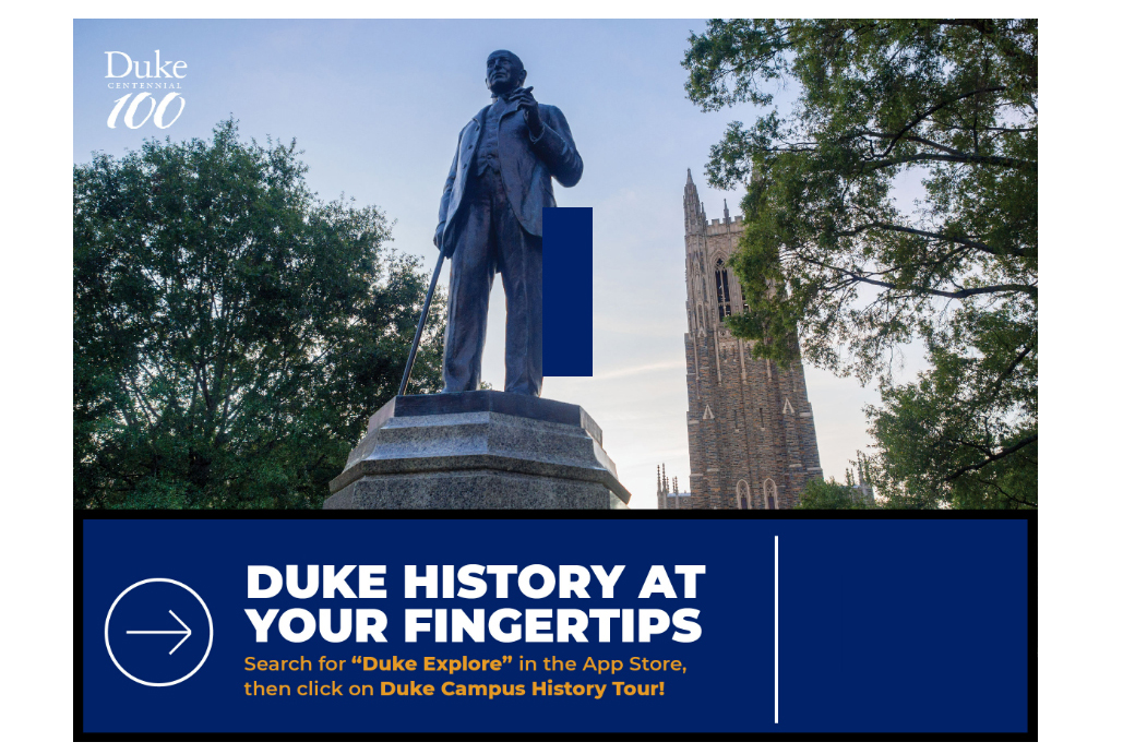 Statue of JB Duke in front of Duke Chapel with trees on both sides.