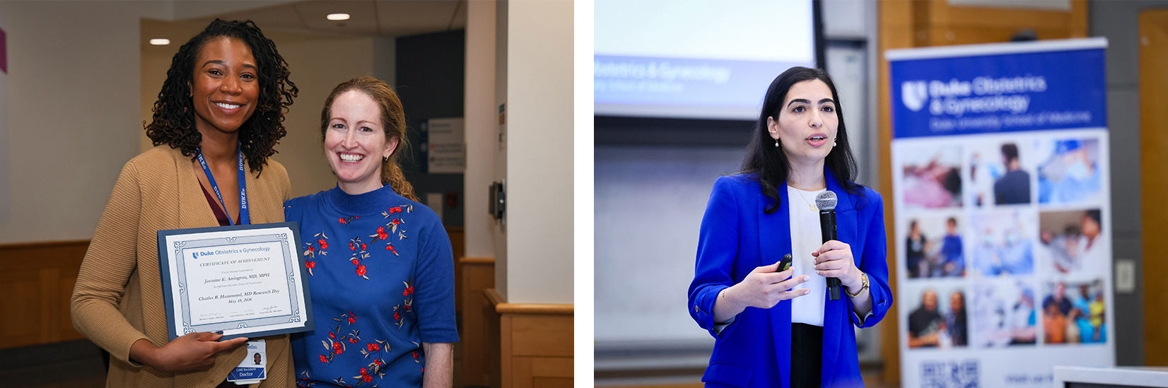 Photo of a person with a certificate and a doctor; photo of a person speaking to an audience with a Department of Ob/Gyn banner in the background.
