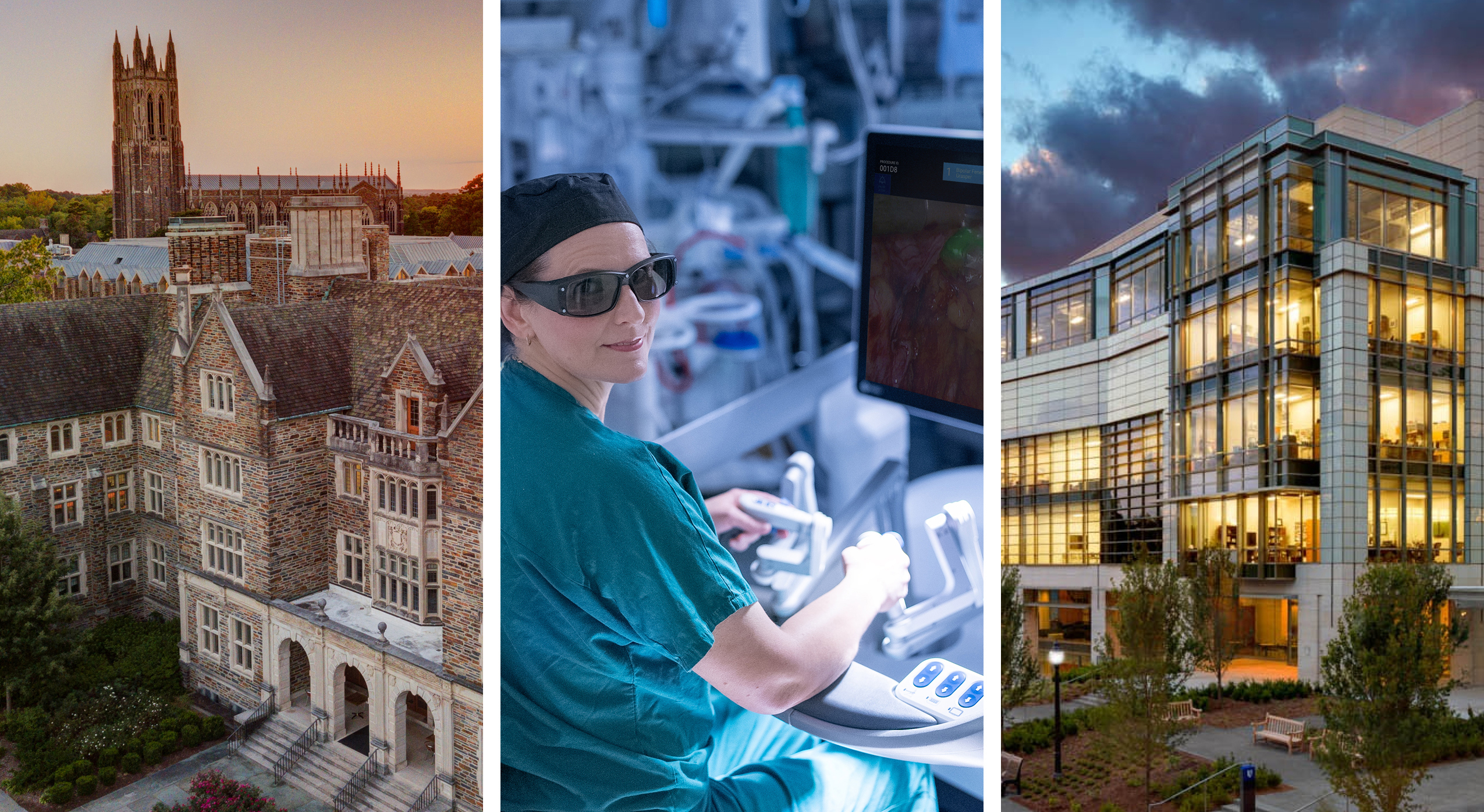 Photo montage of 3 pictures: Duke University Campus, a surgeon at a robotics console and the Trent Semans Center at dusk. 