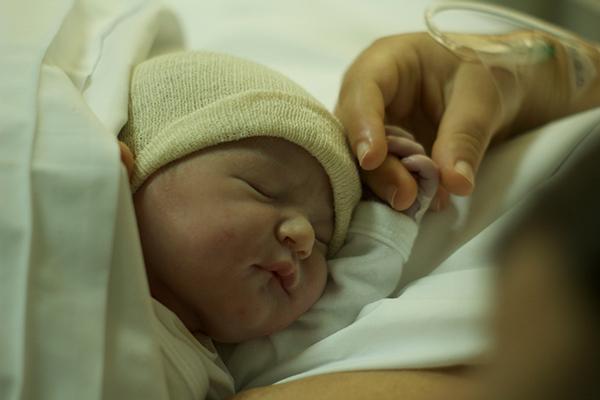 Newborn baby with person holding its hand