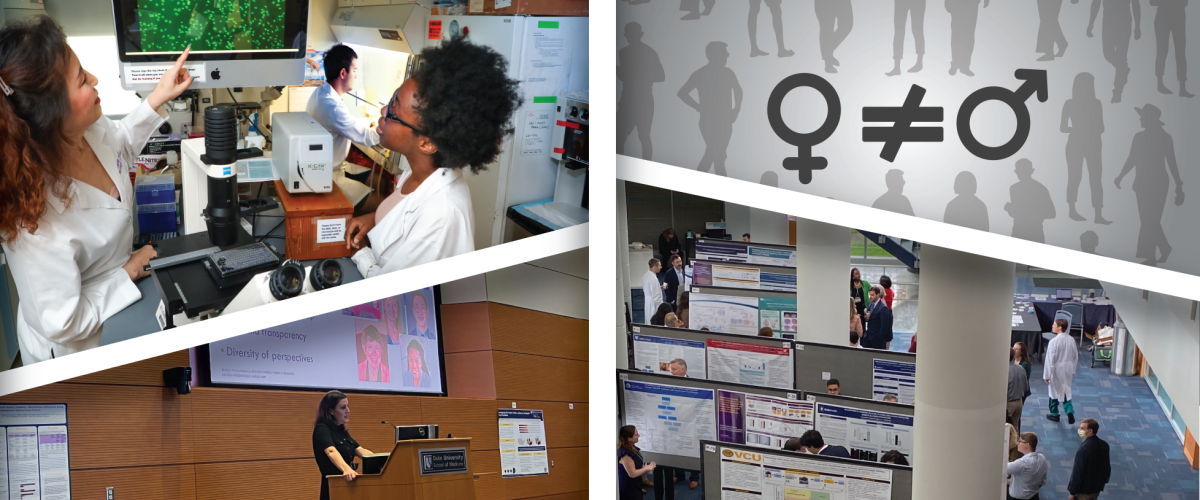 Montage of scientists working, a speaker at the BIRCWH event 2024, a poster session at the BIRCWH event 2024 and an illustration of male/female symbols with silhouettes of people