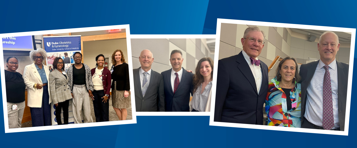 Group photo of 2026 Donald T. Moore, MD, Endowed Lecture speakers, guests and department leadership; Andrew Berchuck, MD, with 2025 lecture speakers Gustavo Rodriguez, MD, and Isabel Rodriguez, MD: Daniel Clarke Pearson, MD, with Amy and Dr. Andrew Berchuck. currently, as division chief of gynecologic oncology; and at the start of his career at Duke.