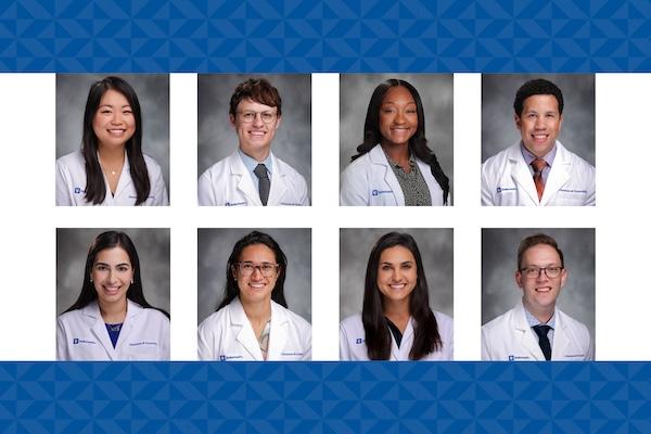 Headshots of Jessie Li, MD, Jaxon Olsen, MD, LaMani Adkins, MD, Maxwell Edmonds, MD, PhD, Aya Bashi, MD, MPH, Jennifer Talbott, MD, MPH, Isabel Josephs, MD, and Dayne Filer, MD, PhD