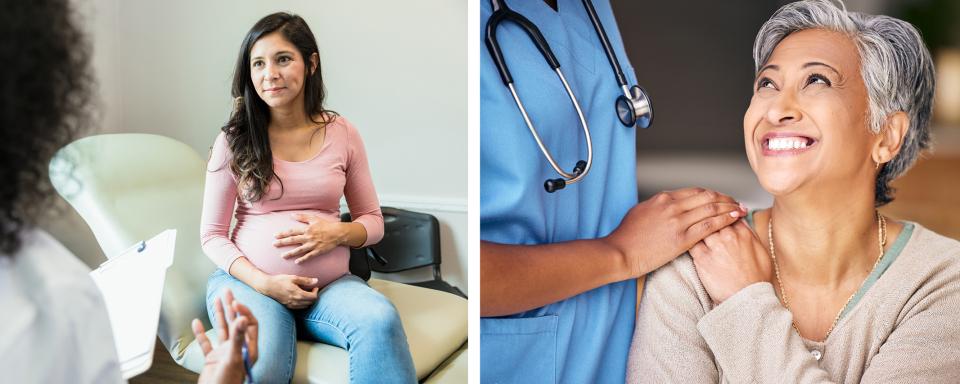 Photos of patients and providers in clinic setting.